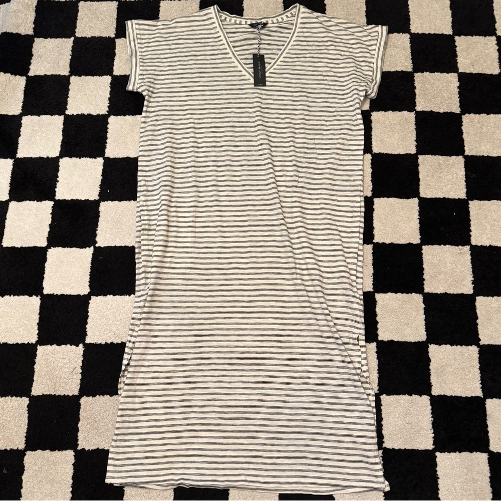 New Lucky Brand White & Black Striped V-Neck T- Shirt Dress NWT